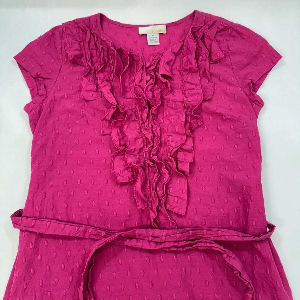 Tabitha Anthropologie Ruffle Swiss Dot Dress Women 12 Pink Cotton Belted - Picture 3 of 14